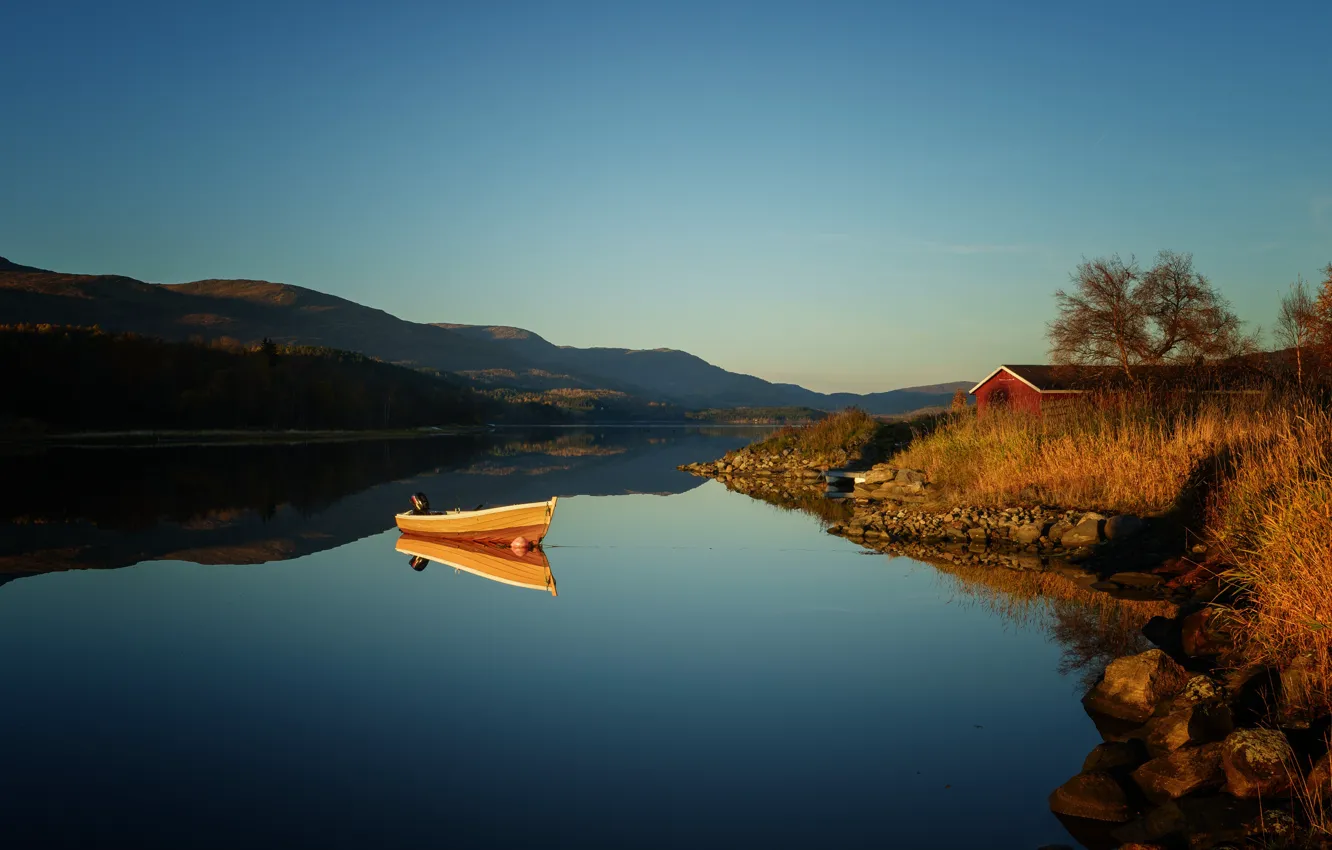 Photo wallpaper lake, morning, hill, sunrise, dawn, boat, boat house