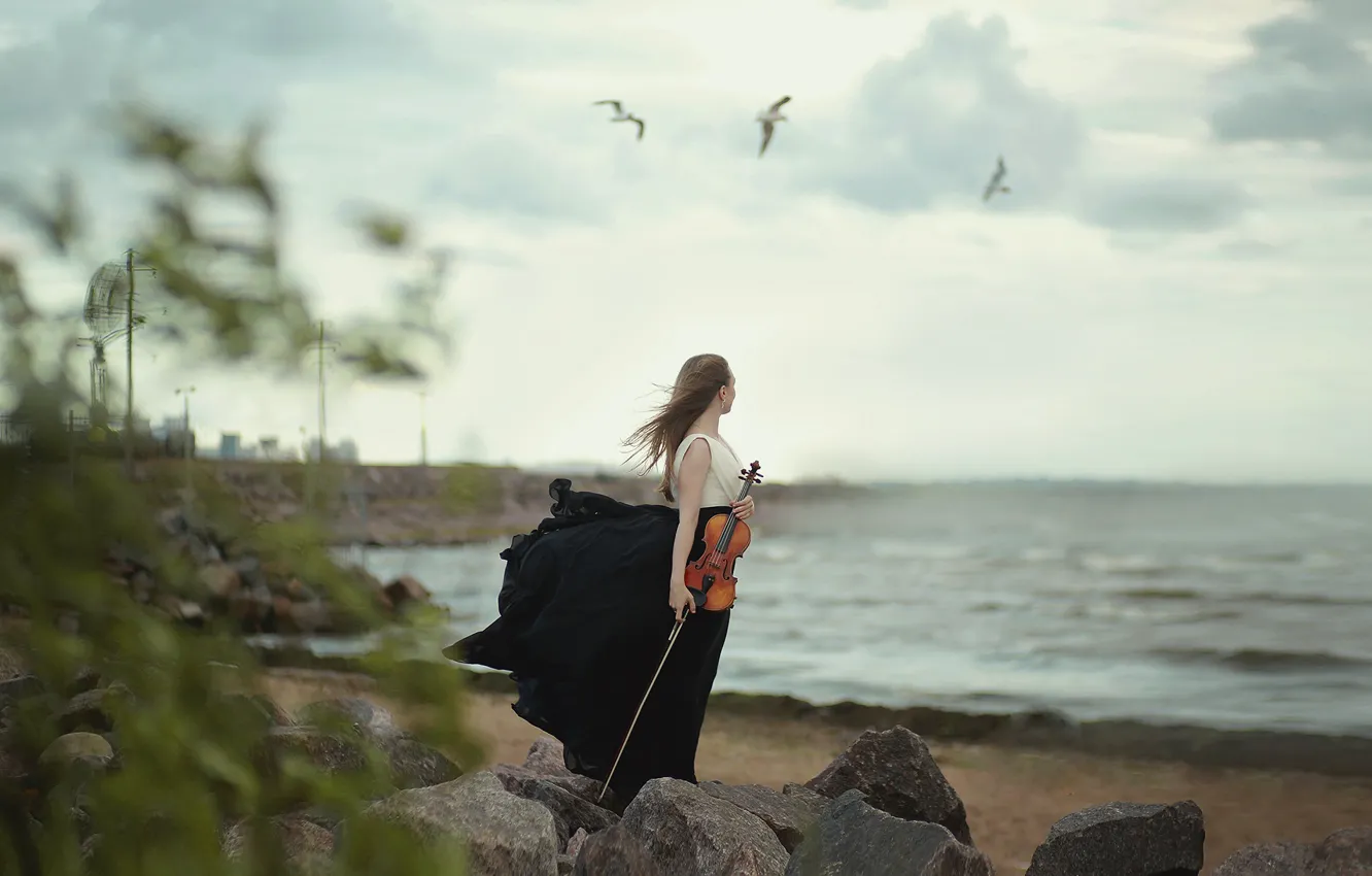 Photo wallpaper sea, beach, the sky, leaves, girl, clouds, branches, pose