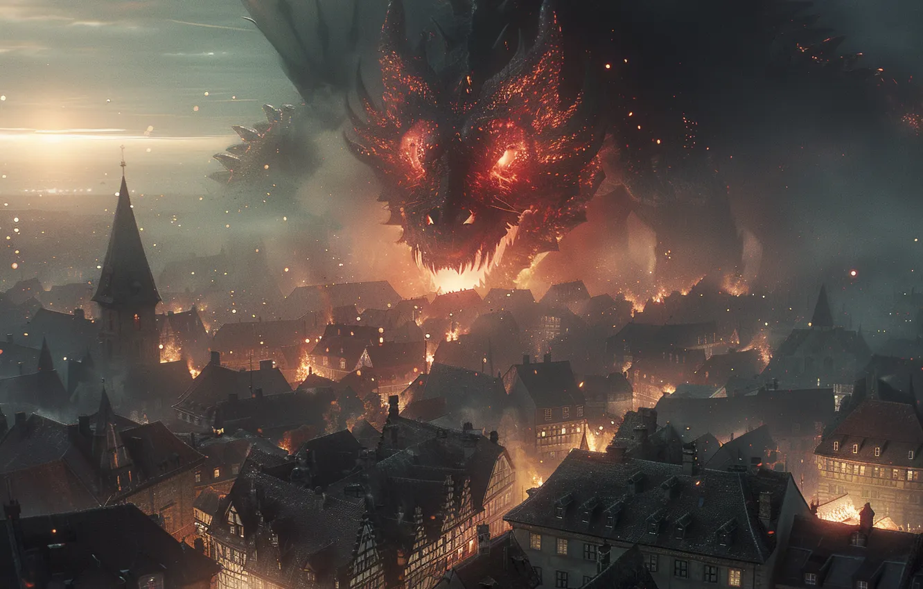 Photo wallpaper face, the city, lights, dragon, home, digital art, AI art, The Art of Artificial Intelligence