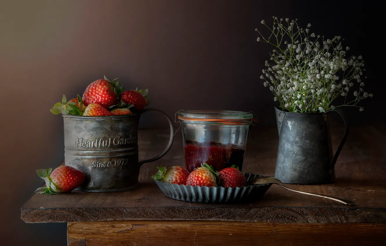 Photo wallpaper berries, strawberry, mug, still life, jam, jar, gypsophila