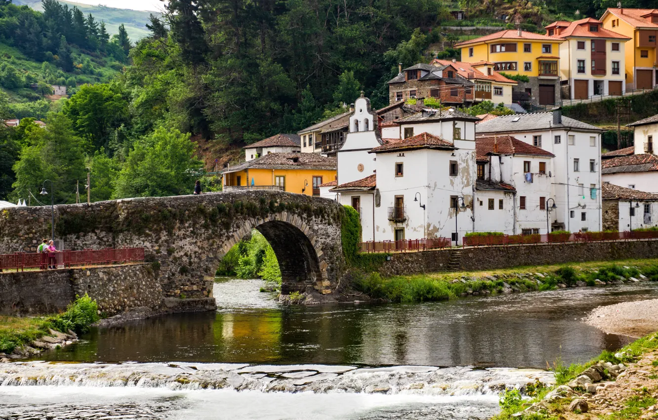 Photo wallpaper trees, bridge, river, home, town, Spain, Cangas del Narcea