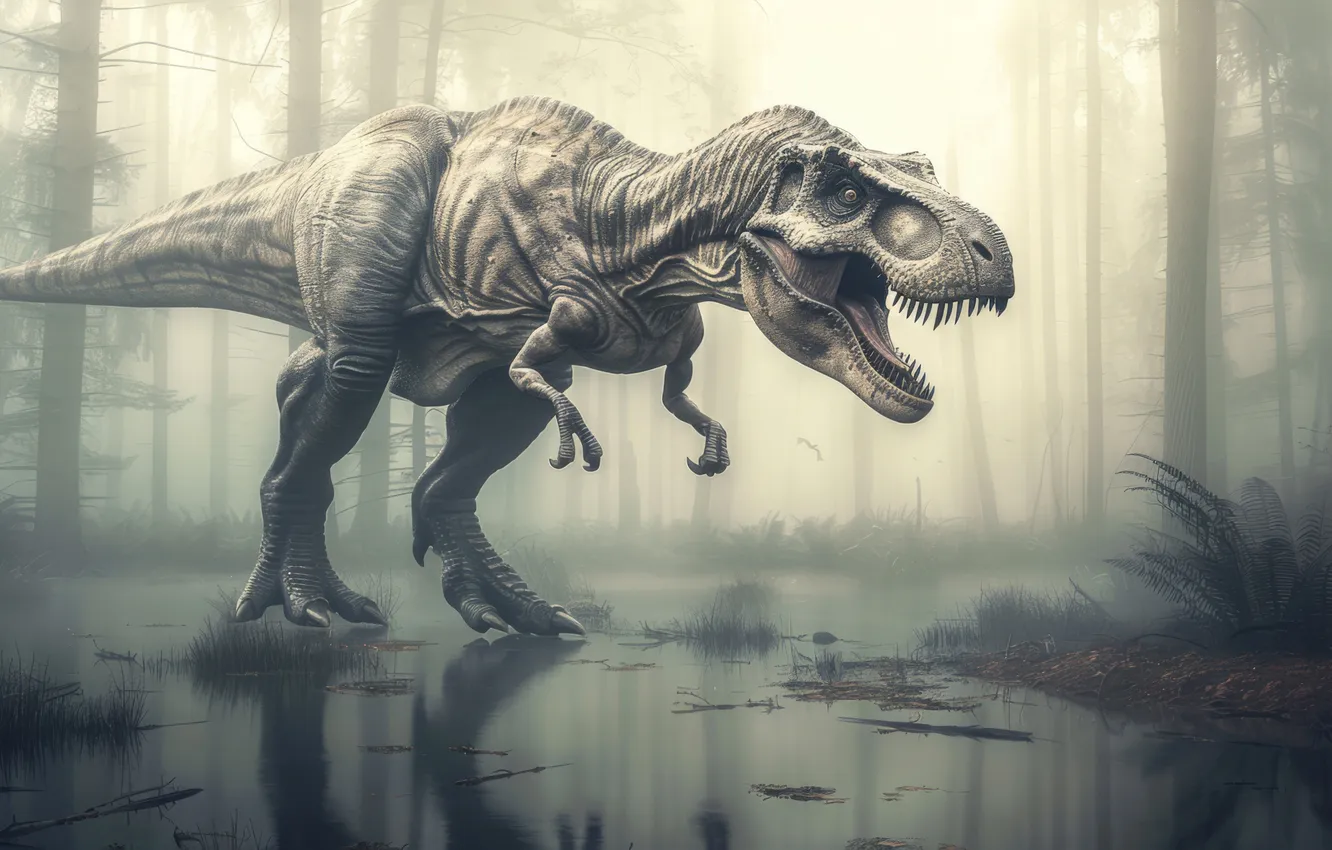 Photo wallpaper forest, water, trees, animal, dinosaur, predator, Tyrannosaurus, digital art