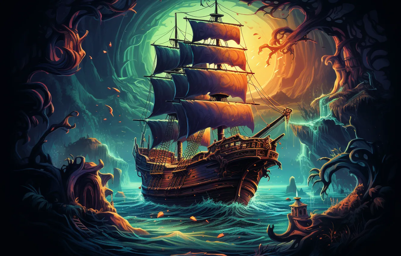 Photo wallpaper ship, sailboat, pirate, digital art, AI art, The Art of Artificial Intelligence, neural network