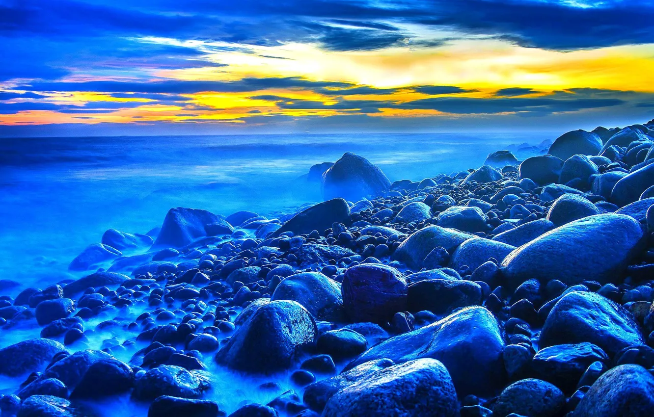 Photo wallpaper sea, the sky, clouds, sunset, stones