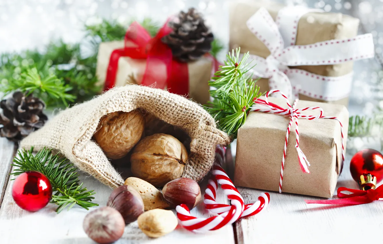 Photo wallpaper fir-tree branches, new year, holiday, nuts, gift