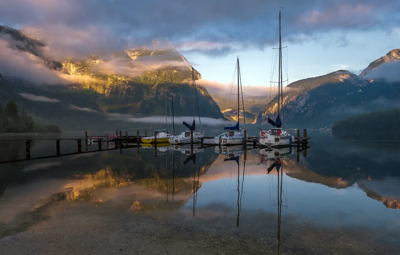 Photo wallpaper mountains, lake, boats