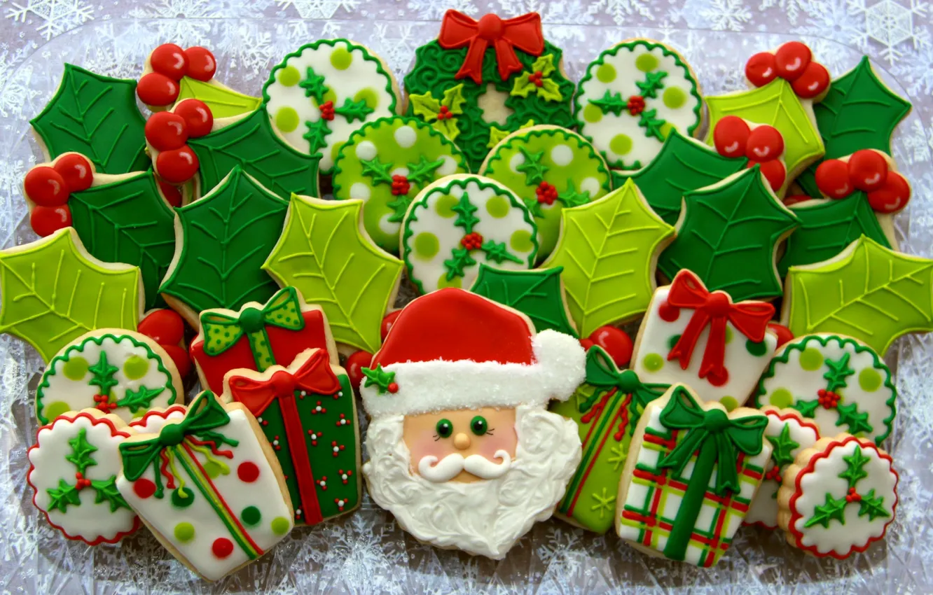 Photo wallpaper snowflakes, cookies, glaze, Santa Claus