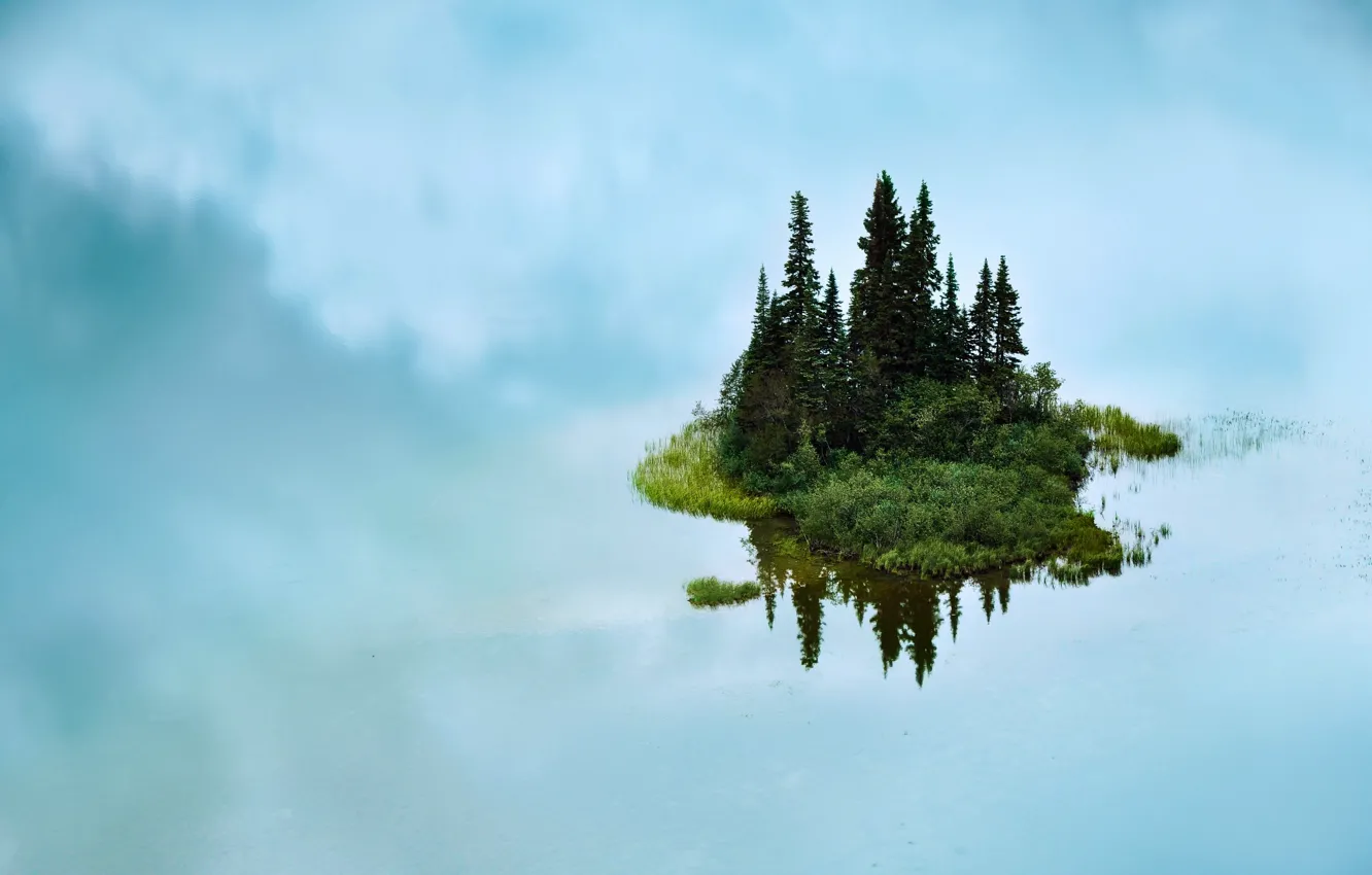 Photo wallpaper clouds, nature, fog, lake, reflection, island