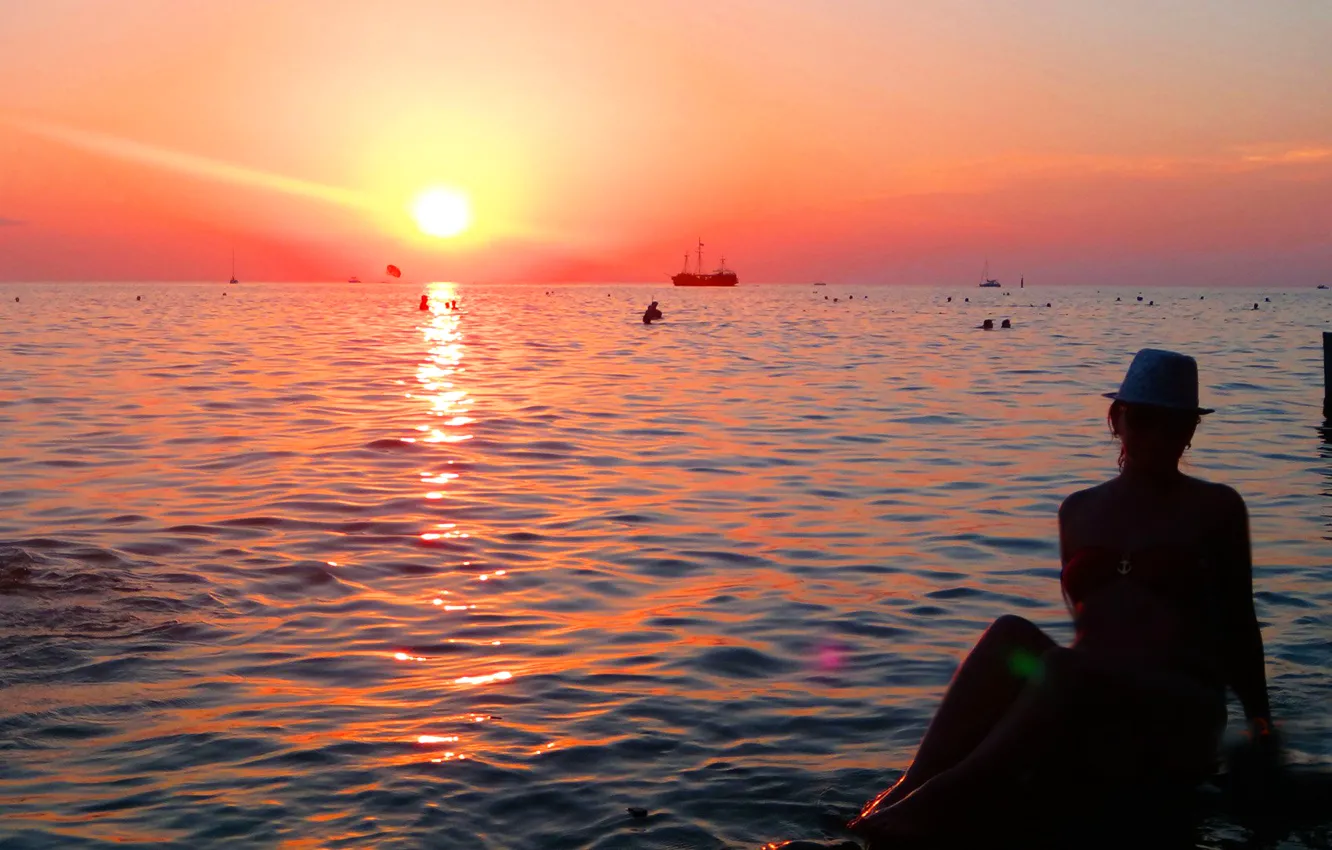 Photo wallpaper sea, girl, sunset, ship, silhouette, Lena