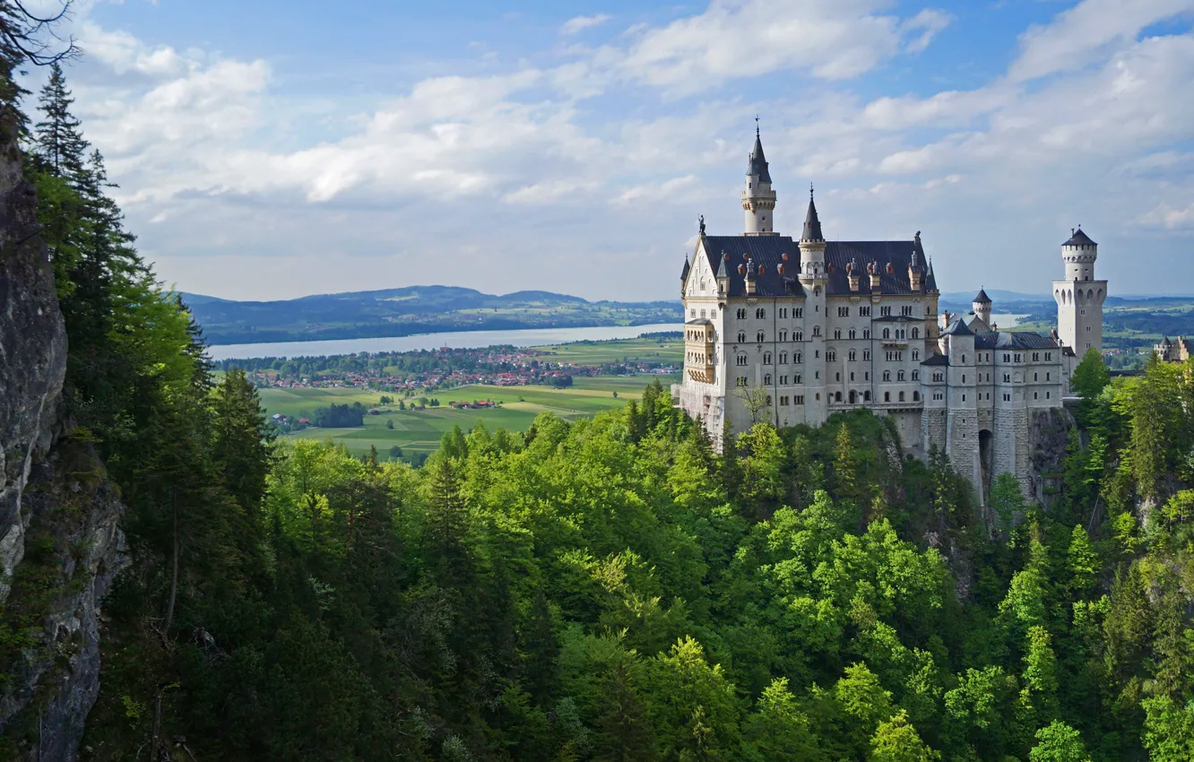Photo wallpaper greens, summer, the sky, clouds, trees, mountains, river, castle