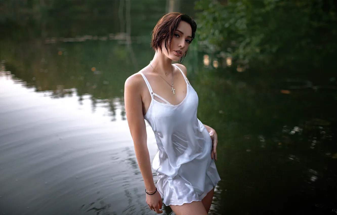 Photo wallpaper forest, look, trees, nature, sexy, pose, river, model