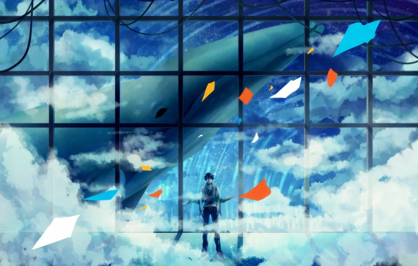 Photo wallpaper the sky, clouds, wire, anime, art, kit, guy, xxxka66