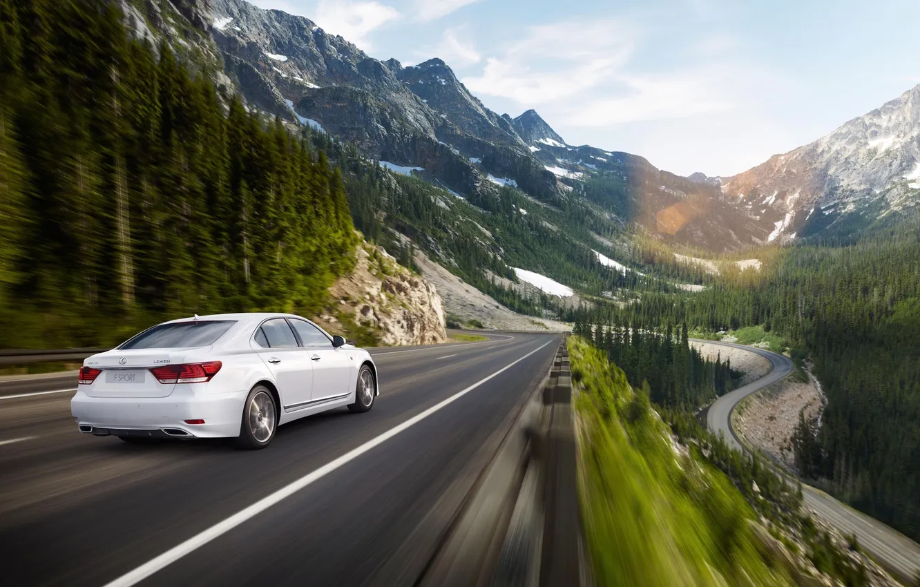 Photo wallpaper road, forest, white, mountains, Lexus, in motion, Lexus, LS-EU
