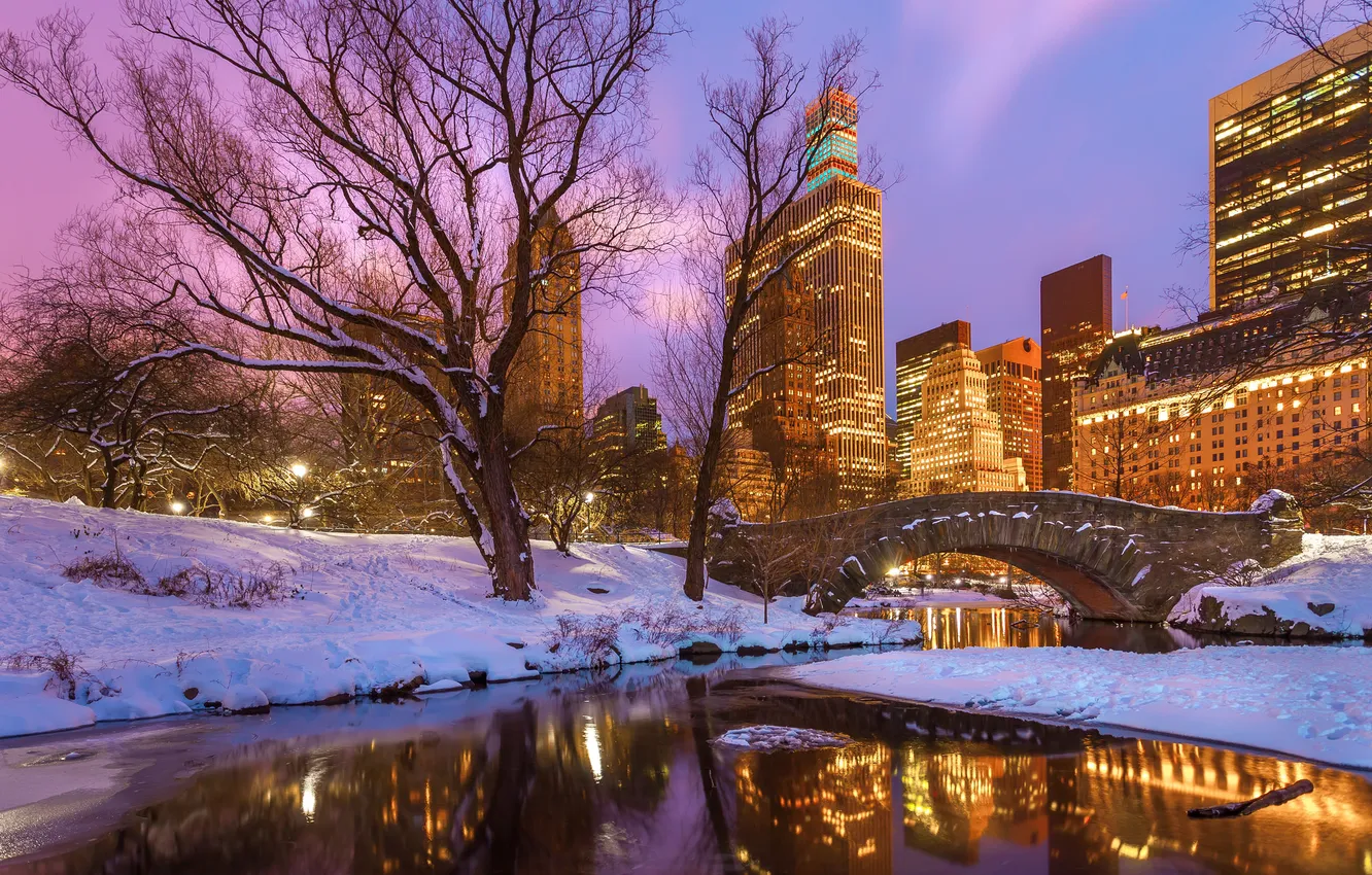 Photo wallpaper winter, snow, trees, sunset, bridge, lake, reflection, New York