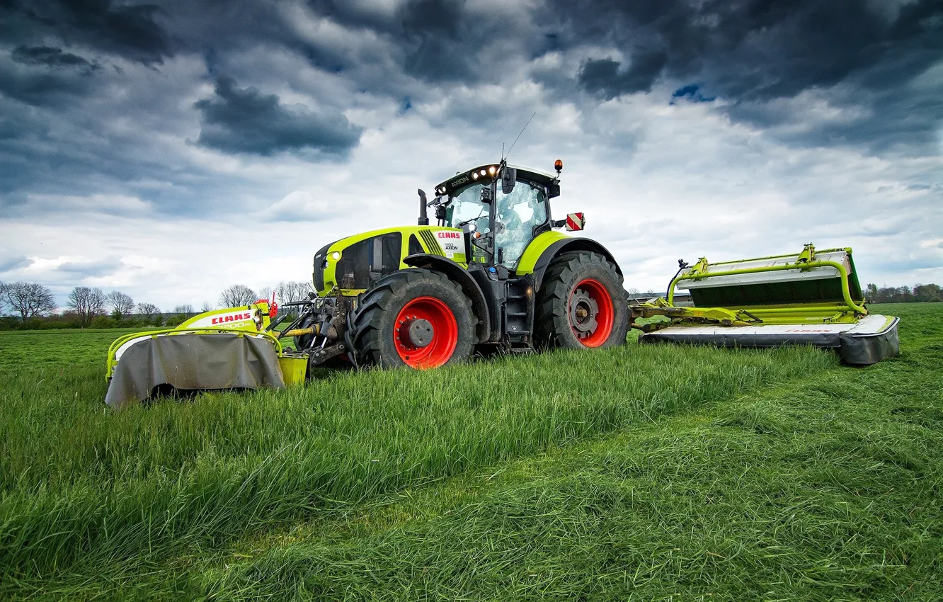 Photo wallpaper field, the sky, grass, tractor, Claas Axion 950