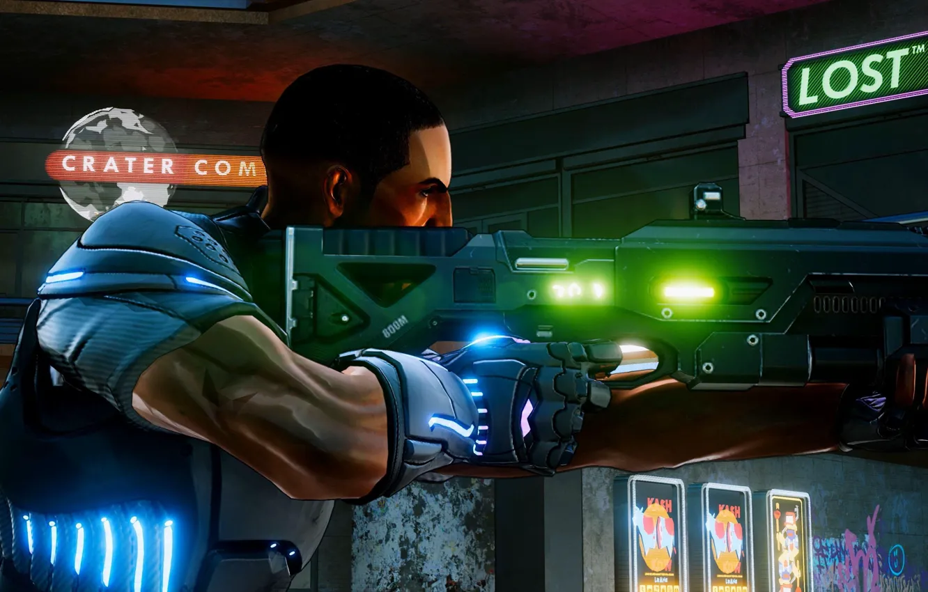 Photo wallpaper gun, game, weapon, man, suit, Crackdown 3
