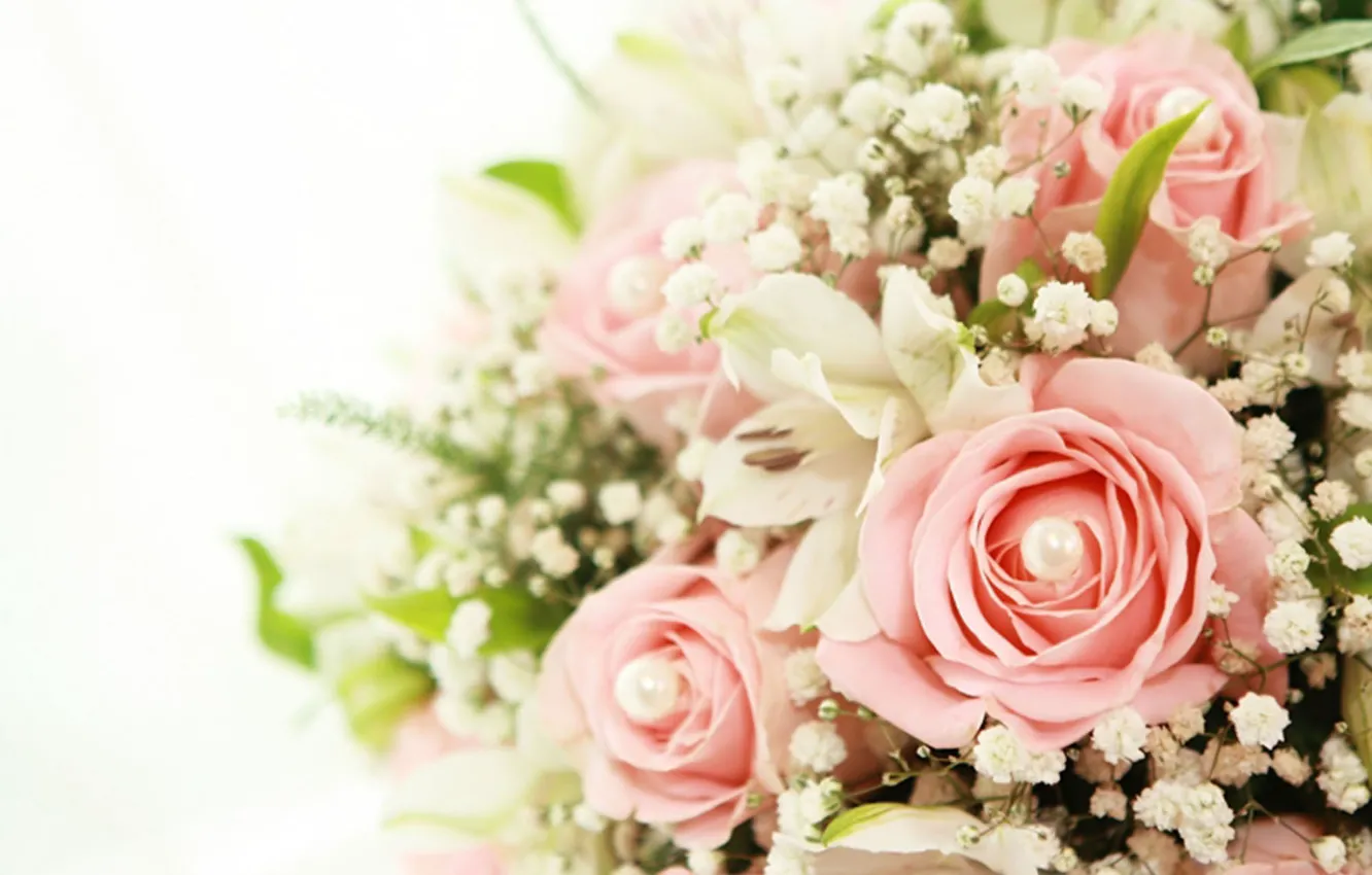Photo wallpaper Lily, roses, Flowers, bouquet, beads, pink roses, white lilies