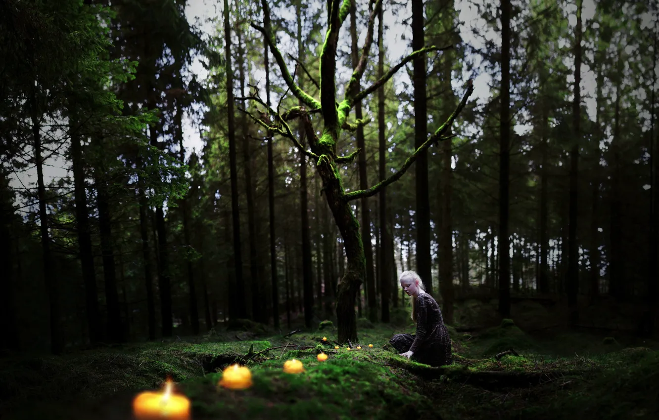 Photo wallpaper forest, girl, candles