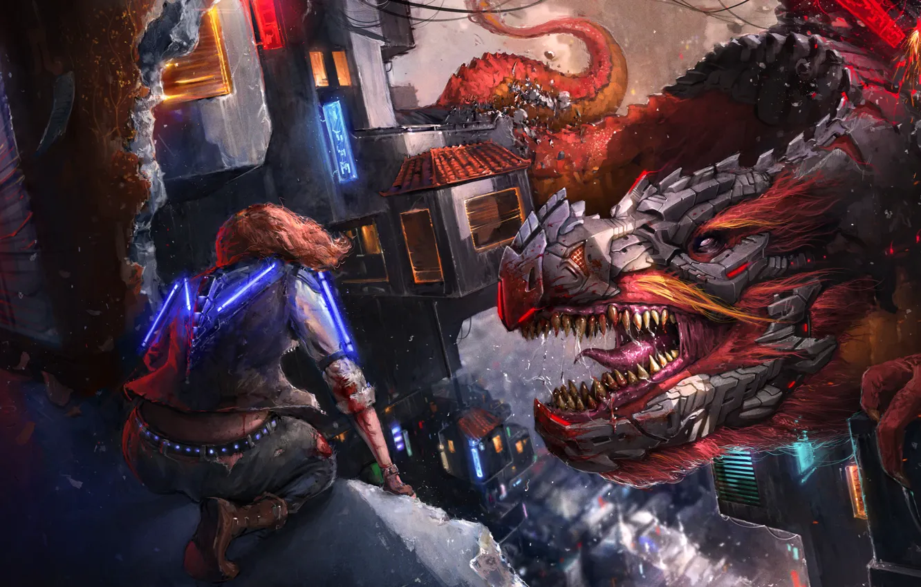 Photo wallpaper girl, the city, dragon, home, destruction