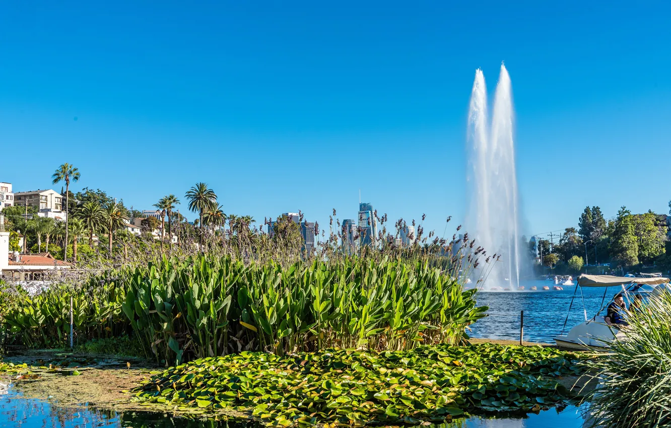 Photo wallpaper the sky, the sun, trees, lake, Park, palm trees, home, CA
