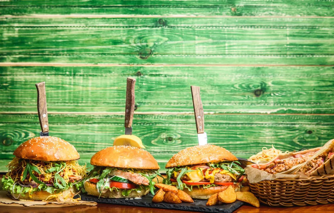 Photo wallpaper food, buns, burgers, cutting Board, fried potatoes