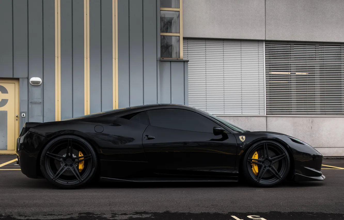 Photo wallpaper black, the building, Windows, profile, wheels, ferrari, Ferrari, drives