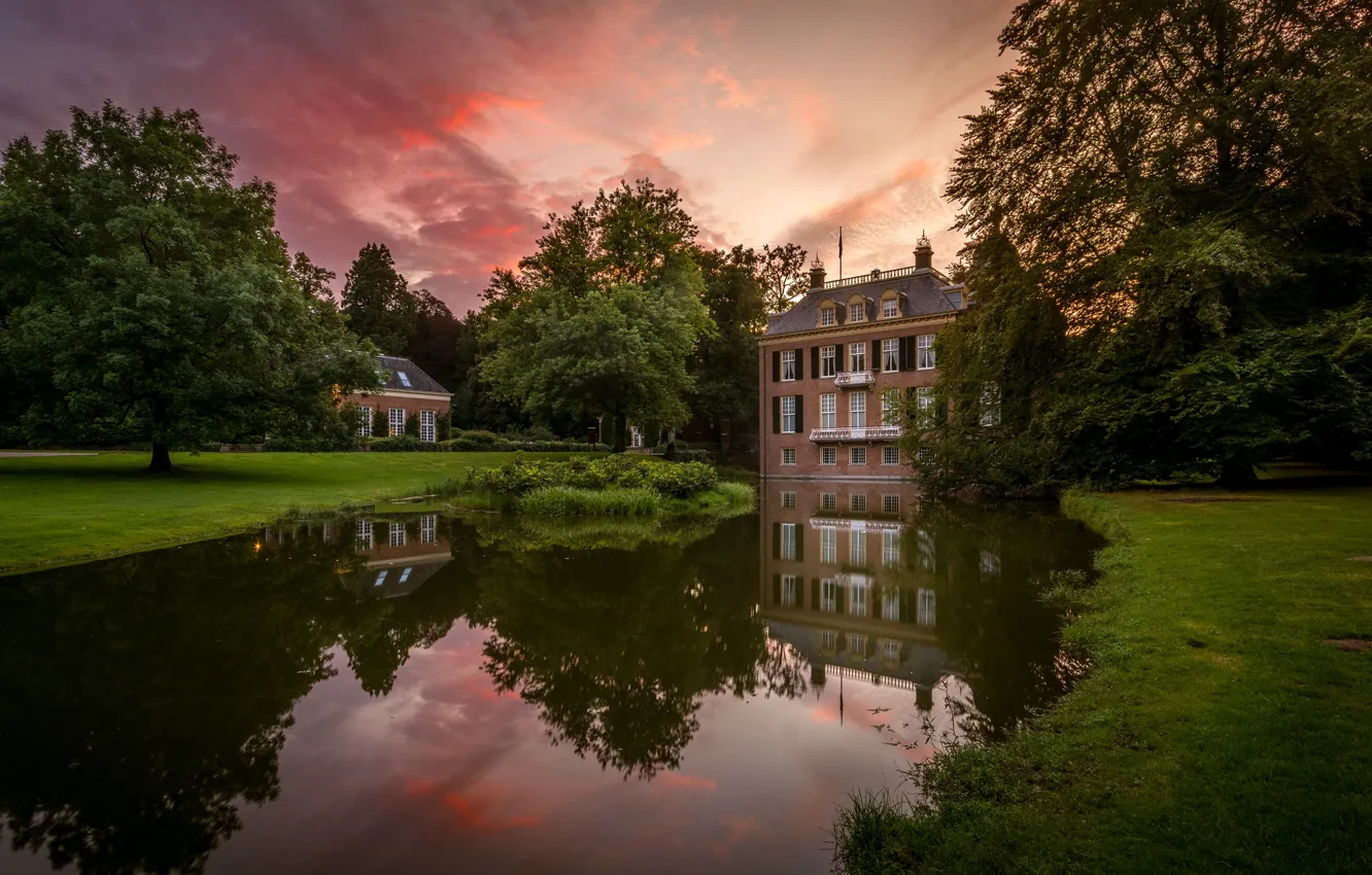 Photo wallpaper pond, castle, Netherlands, Holland, Arhem, Zypendaal Castle, Zijpendaal Park