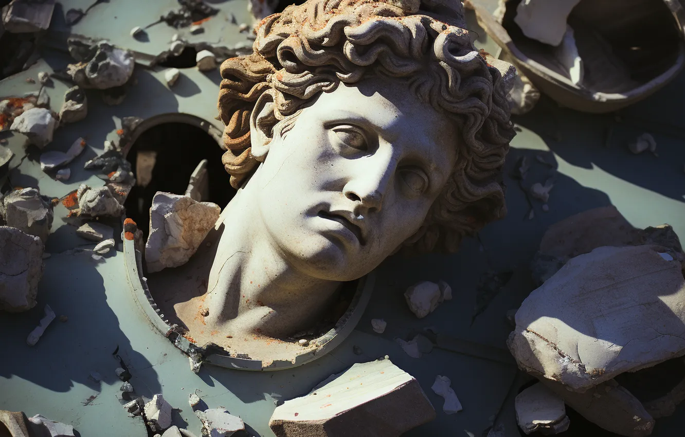 Photo wallpaper Head, Fragments, Sculpture, Male, Bust, Broken, Digital art, AI art