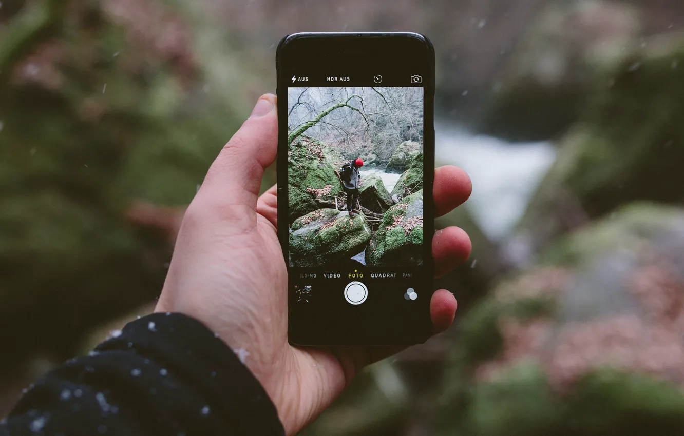 Photo wallpaper winter, snow, landscape, river, stones, iPhone, hands, photos