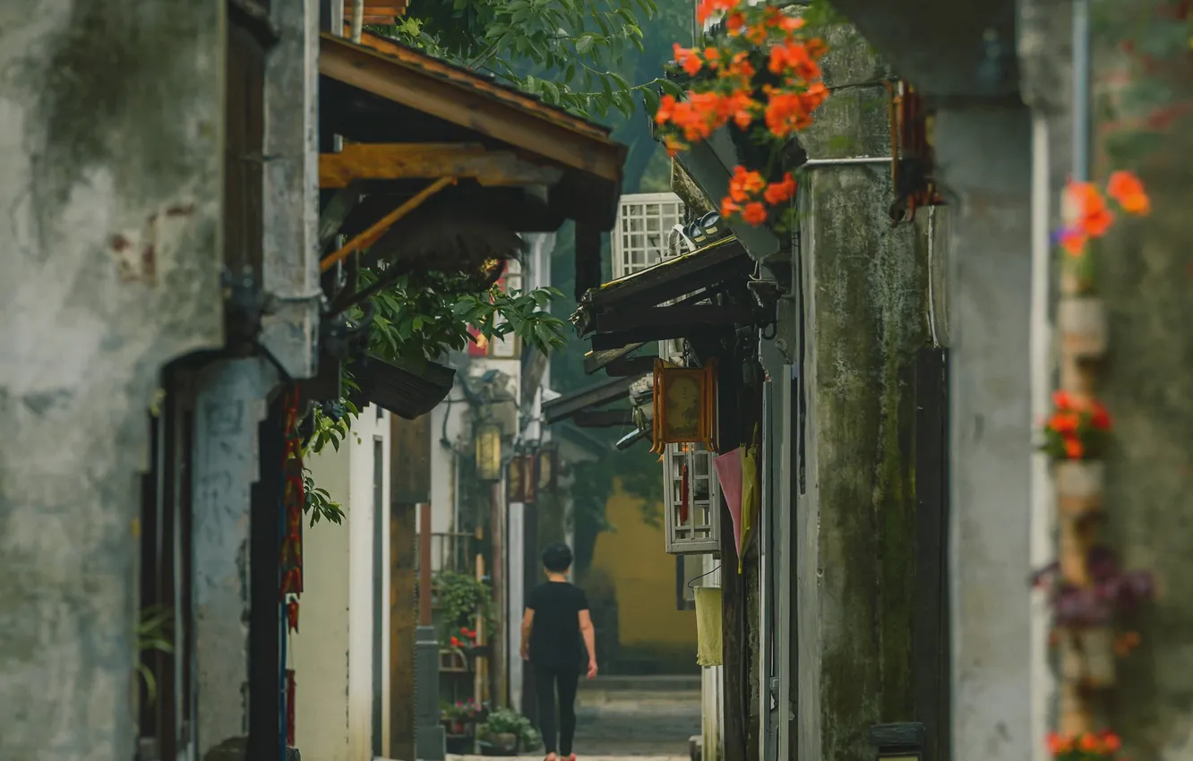 Photo wallpaper flowers, street, people, China
