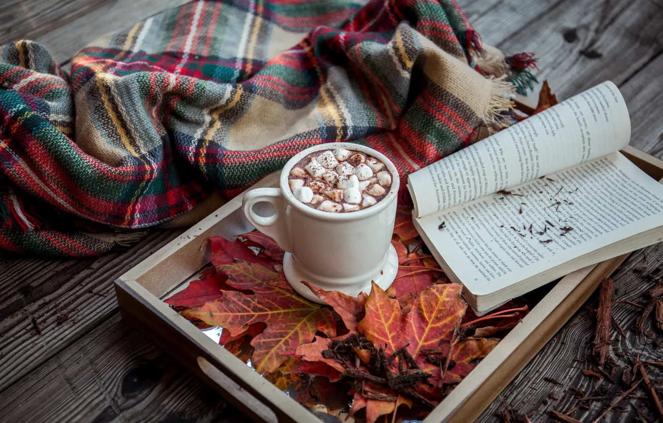 Photo wallpaper wood, background, autumn, leaves, book, cocoa, tray, blanket