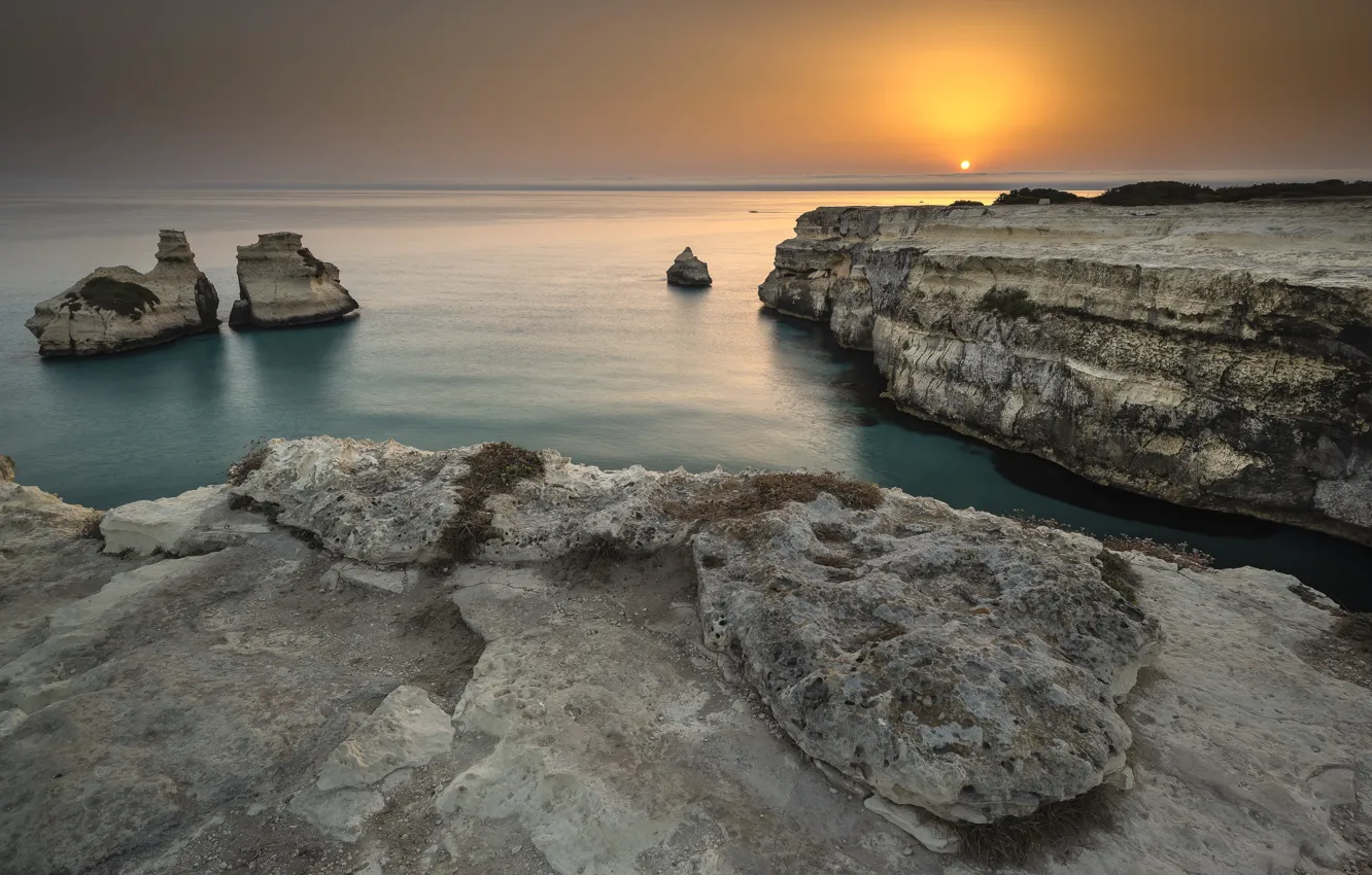 Photo wallpaper sea, the sky, the sun, sunset, stones, rocks, shore, the evening