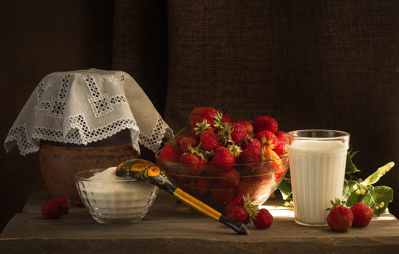 Photo wallpaper bowl, table, milk, sugar, pot, berries, Board, still life