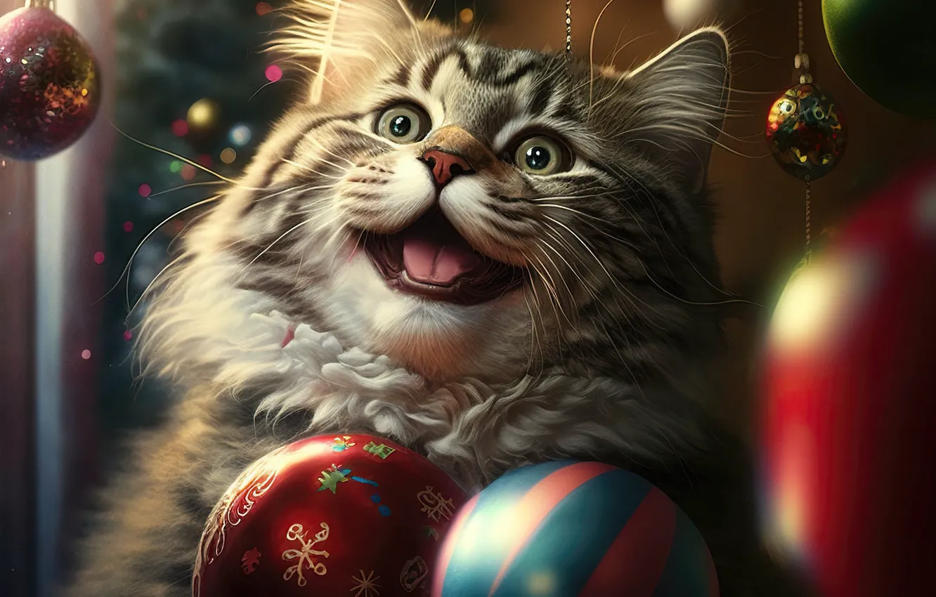Photo wallpaper language, cat, cat, look, balls, tree, new year, Christmas