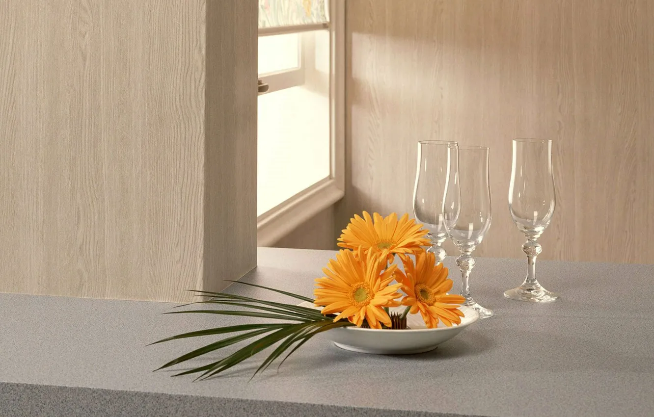 Photo wallpaper glasses, window, date, bouquet of gerberas
