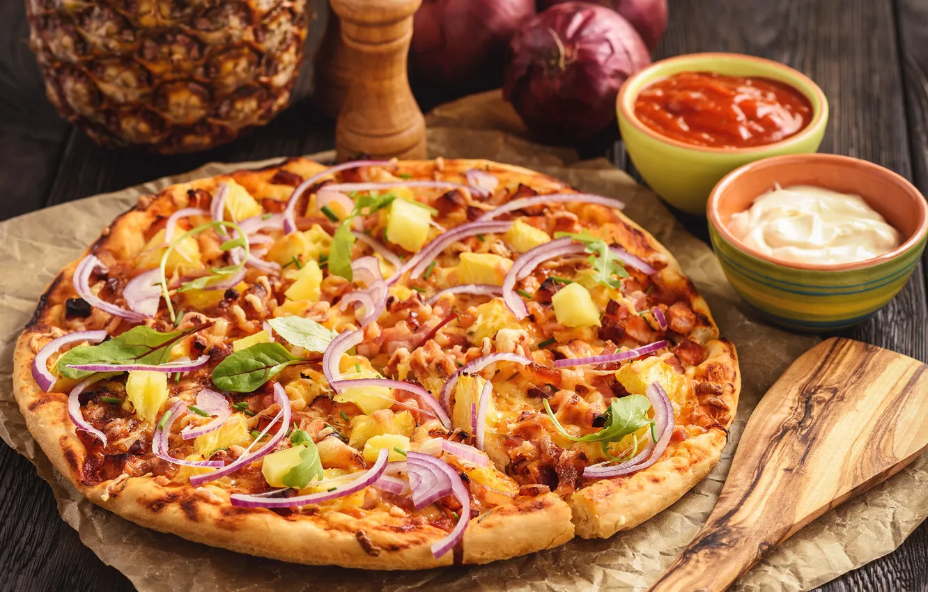 Photo wallpaper pineapple, pizza, sauce, delicious, filling