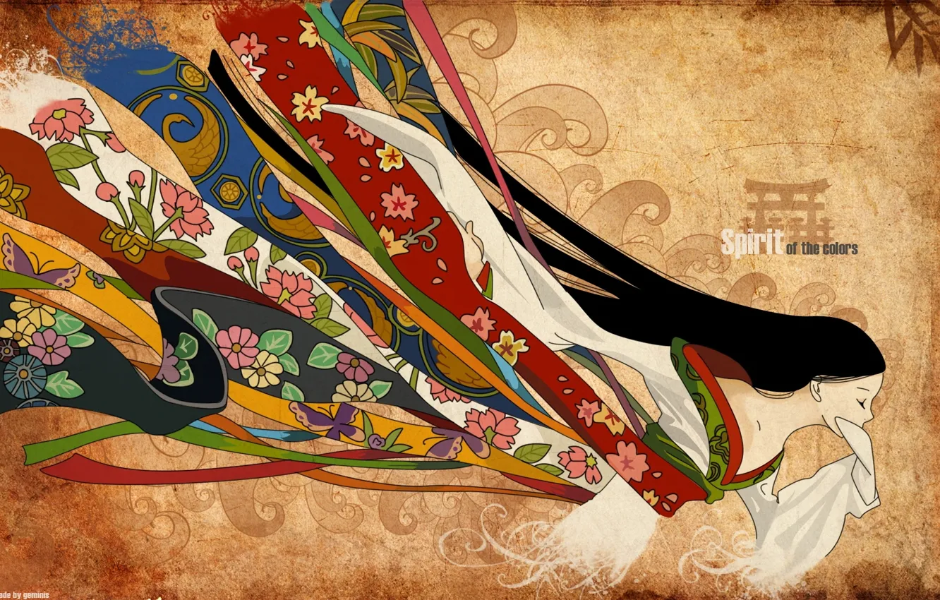Photo wallpaper flowers, tape, pattern, Japan, fabric, kimono, long hair, closed eyes