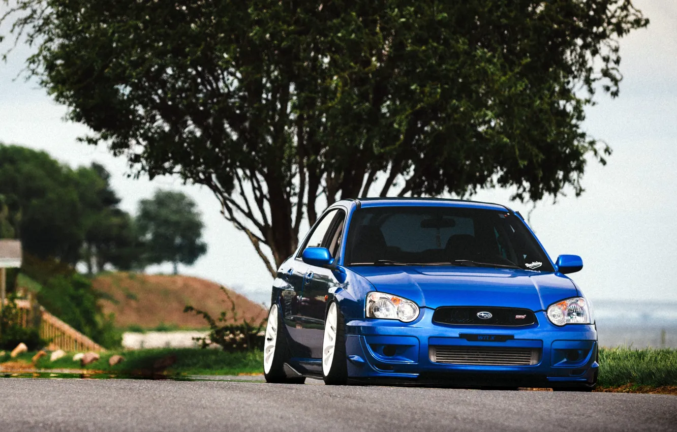 Photo wallpaper Subaru, STI, blue, impreza, front, Subaru, Impreza
