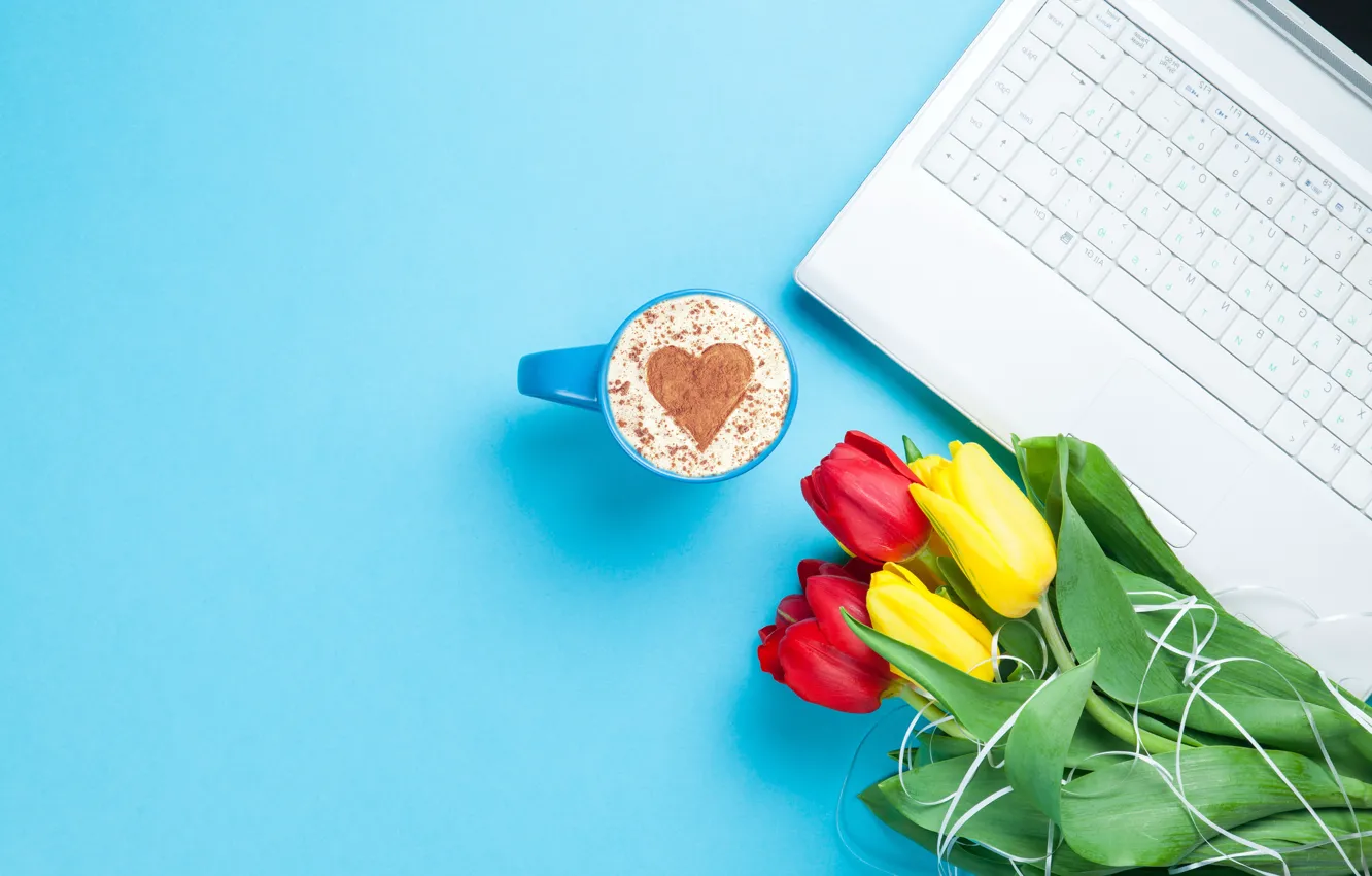 Photo wallpaper flowers, bouquet, colorful, tulips, laptop, love, heart, flowers
