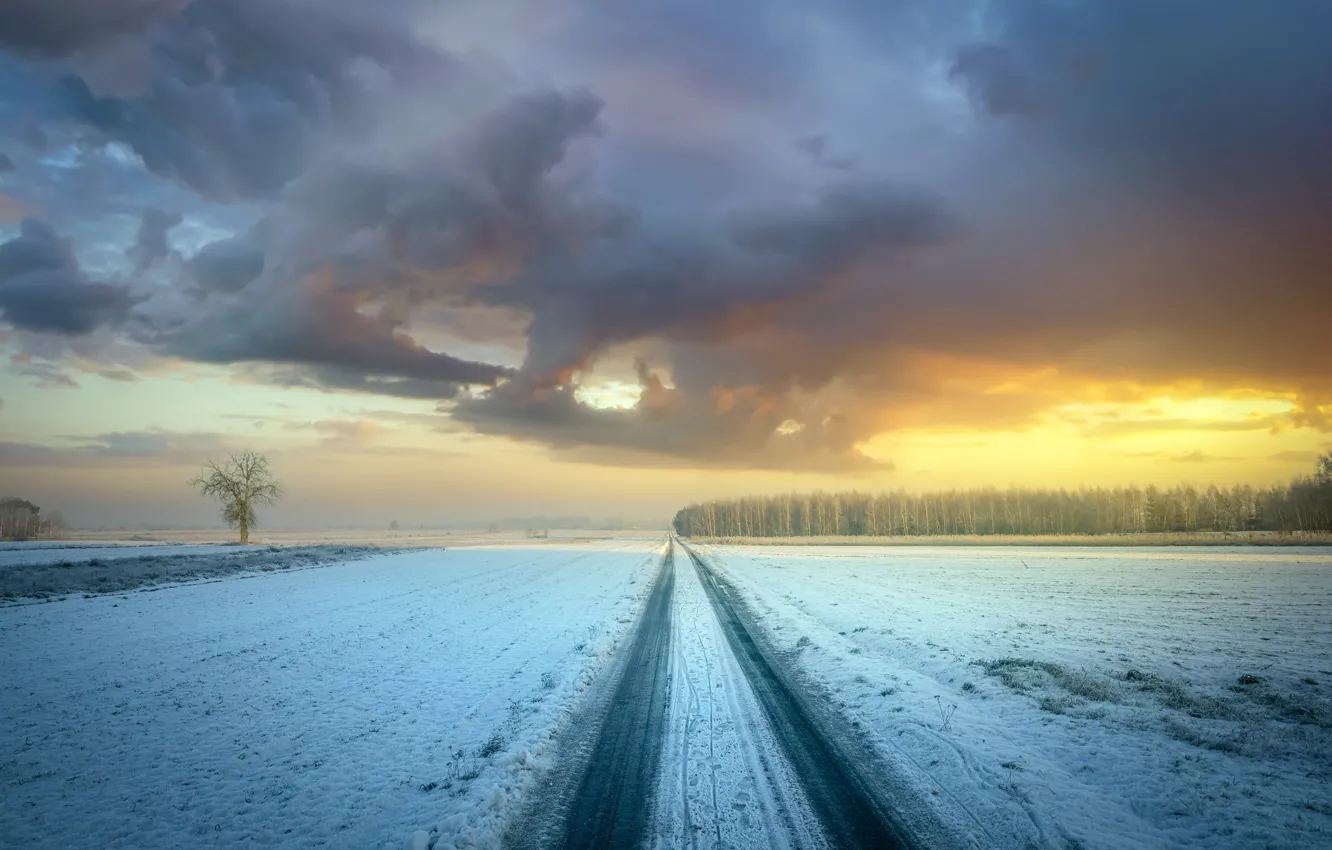 Photo wallpaper winter, road, field, forest, the sky, clouds, clouds, dal
