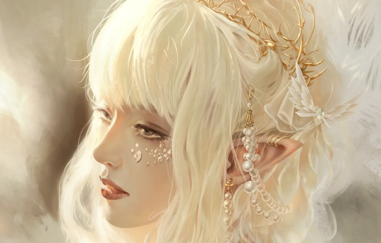 Photo wallpaper face, rhinestones, elf, white hair, art, pearls, hair ornaments, bangs