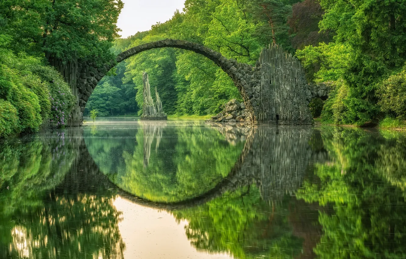 Photo wallpaper bridge, lake, reflection, Germany, Germany, Saxony, Saxony, Rakotzbrücke