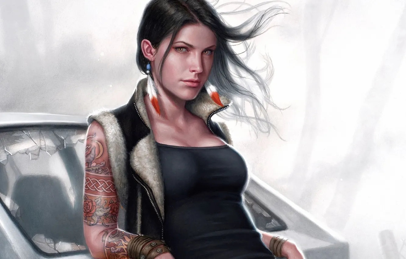 Photo wallpaper machine, glass, girl, the wind, earrings, feathers, art, tattoo