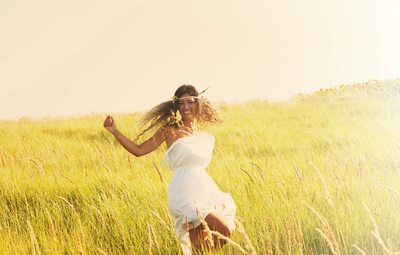 Photo wallpaper field, girl, joy, positive, brown hair, curls