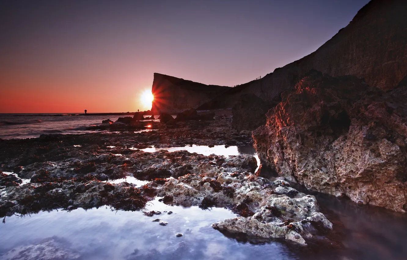 Photo wallpaper sea, sunset, England, Seaford