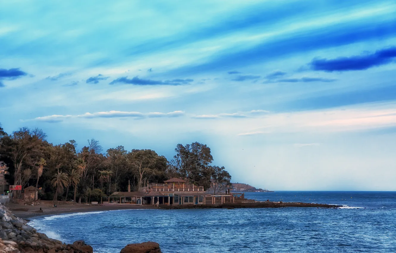 Photo wallpaper sea, beach, trees, home