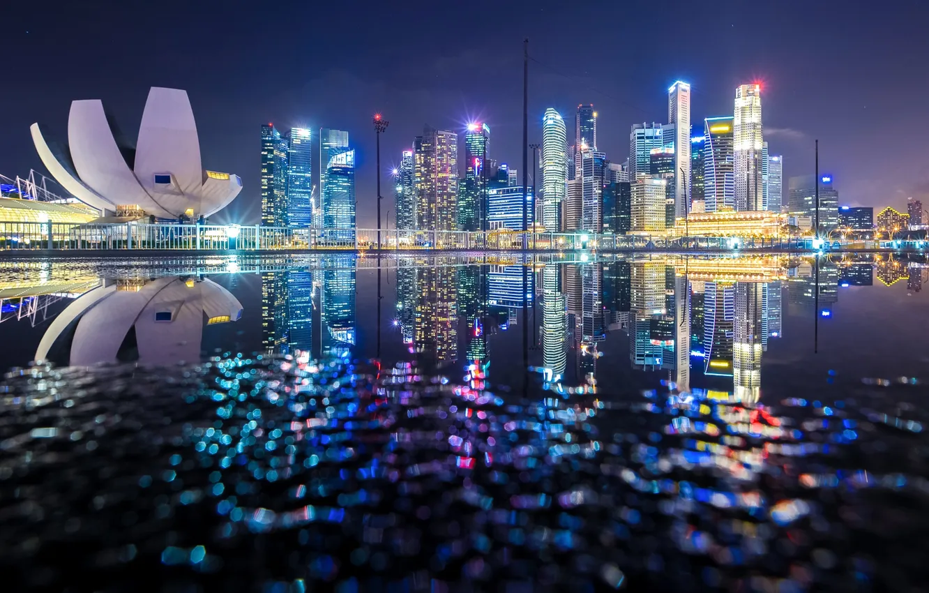 Photo wallpaper reflection, night, lights, the evening, Singapore