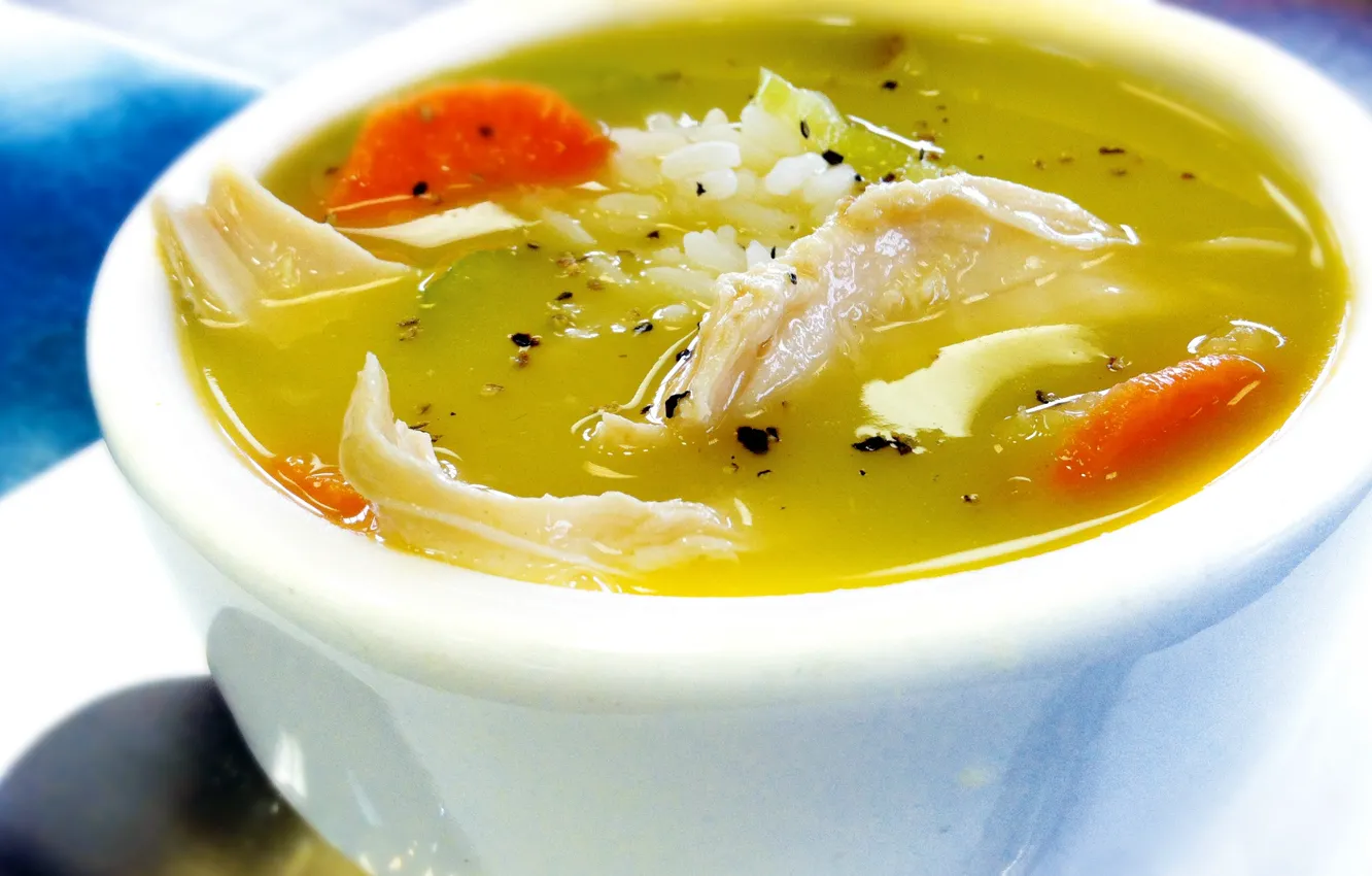 Photo wallpaper chicken, plate, soup, carrots