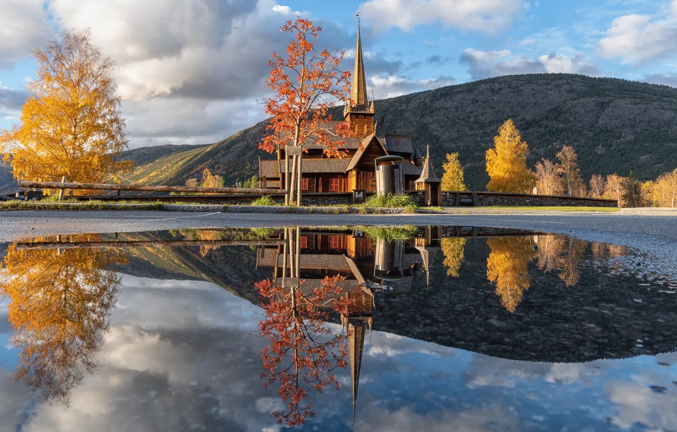 Photo wallpaper reflection, Lom Norway, Church of vikings