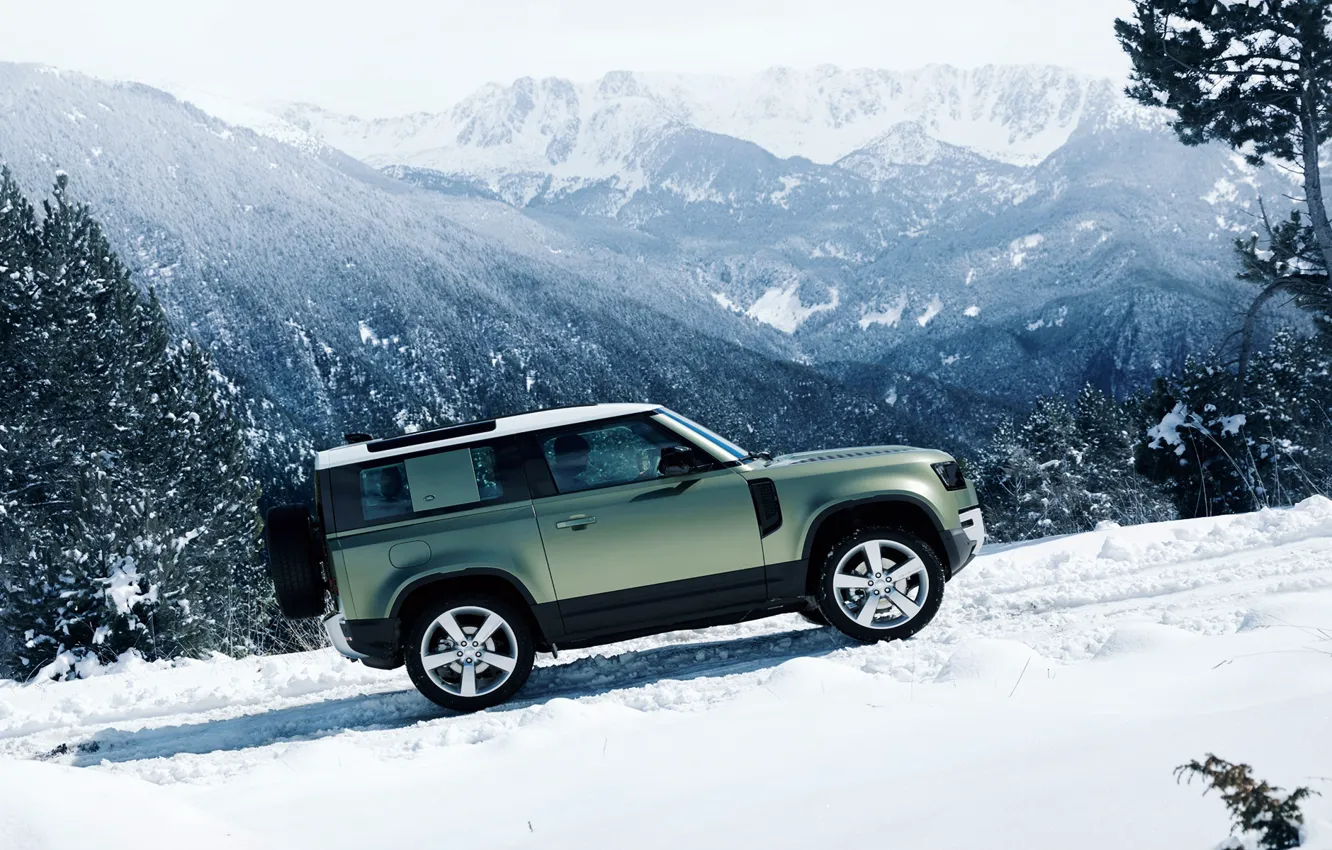Photo wallpaper Land Rover, snow, 4x4, new, Defender, suv, 2020, montains